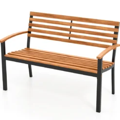 2-Sitzer Gartenbank aus Akazienholz mit Armlehnen & Metallrahmen Wetterfest Holzbank