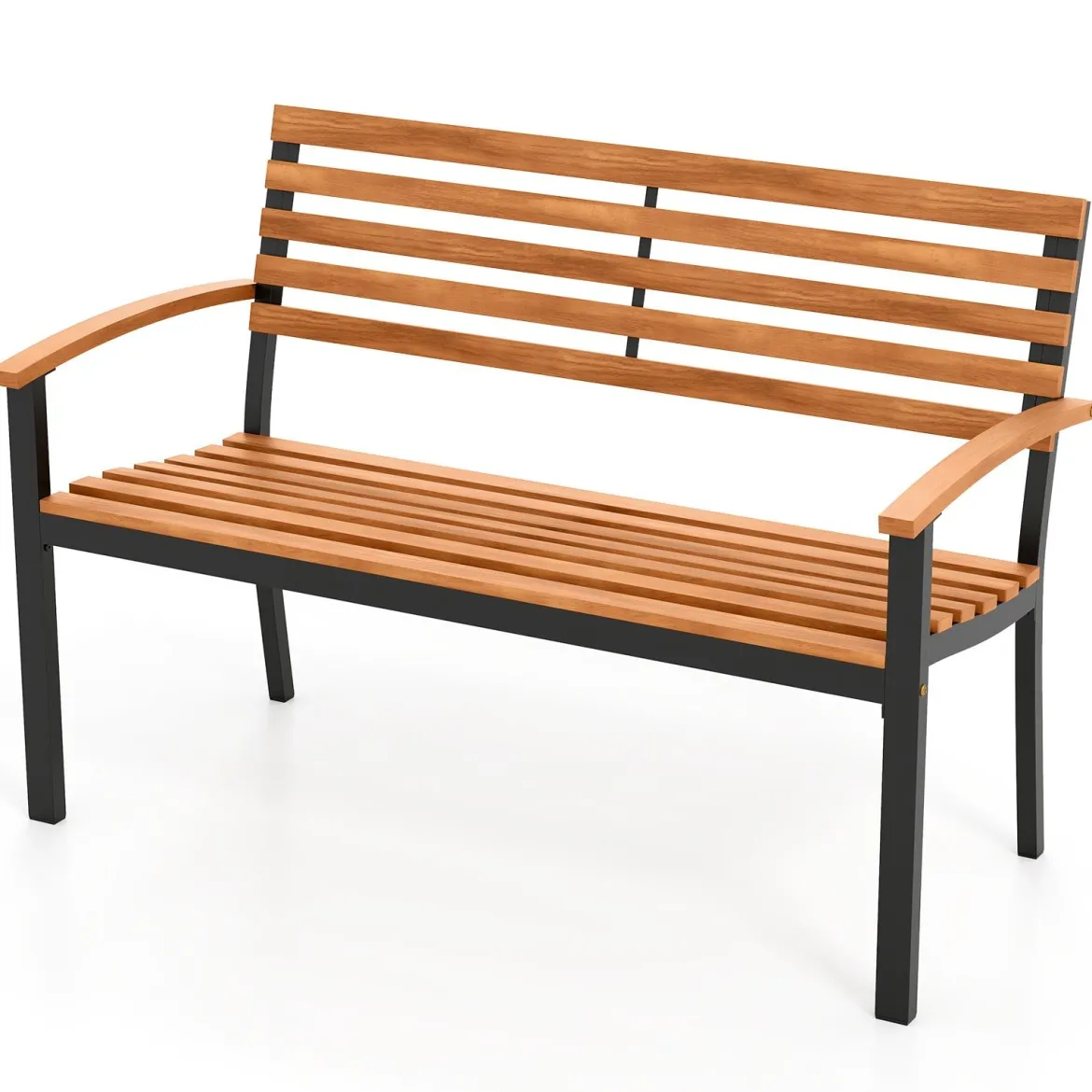 2-Sitzer Gartenbank aus Akazienholz mit Armlehnen & Metallrahmen Wetterfest Holzbank