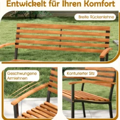 2-Sitzer Gartenbank aus Akazienholz mit Armlehnen & Metallrahmen Wetterfest Holzbank