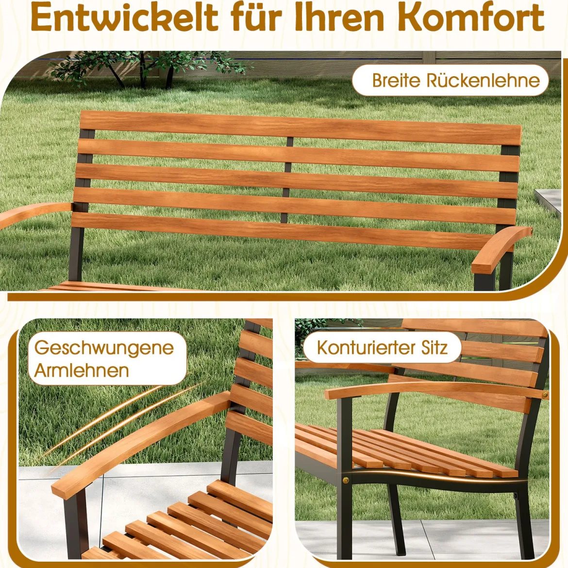 2-Sitzer Gartenbank aus Akazienholz mit Armlehnen & Metallrahmen Wetterfest Holzbank