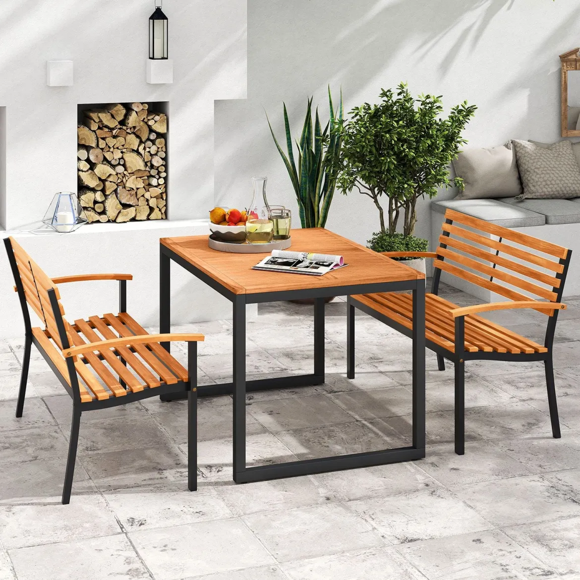 2-Sitzer Gartenbank aus Akazienholz mit Armlehnen & Metallrahmen Wetterfest Holzbank