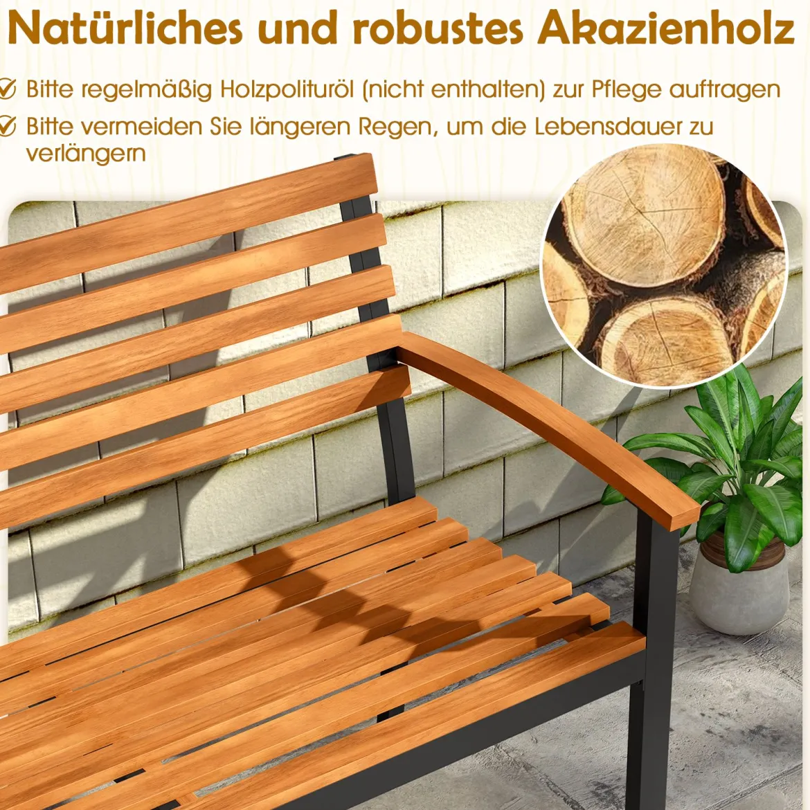 2-Sitzer Gartenbank aus Akazienholz mit Armlehnen & Metallrahmen Wetterfest Holzbank