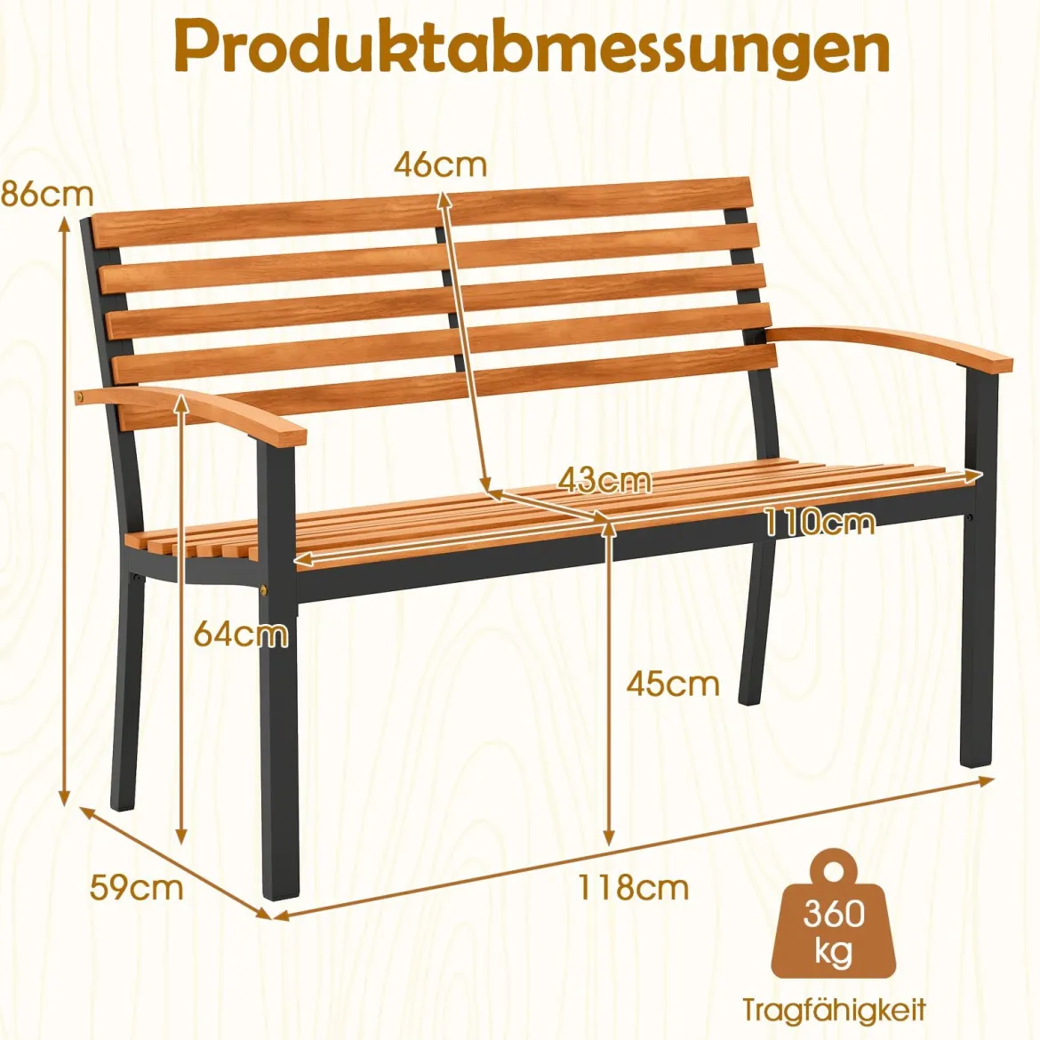 2-Sitzer Gartenbank aus Akazienholz mit Armlehnen & Metallrahmen Wetterfest Holzbank