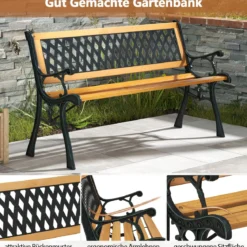 2-Sitzer Gartenbank mit Armlehnen & Rückenlehne Wetterfeste Sitzbank Holzbank Balkonbank