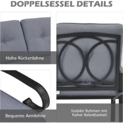 2-Sitzer Gartenbank mit Couchtisch Sitzbank mit Kissen Grau & Schwarz