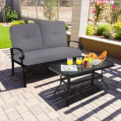 2-Sitzer Gartenbank mit Couchtisch Sitzbank mit Kissen Grau & Schwarz