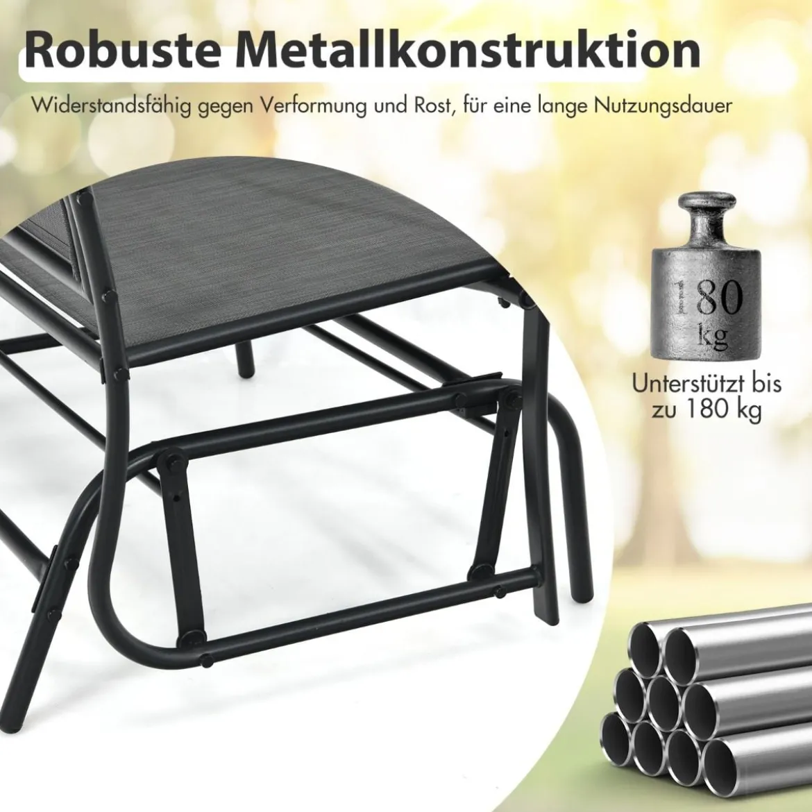 2-Sitzer Gartenbank mit Schaukelmechanismus & robustem Metallrahmen & atmungsaktivem Sitzstoff Grau