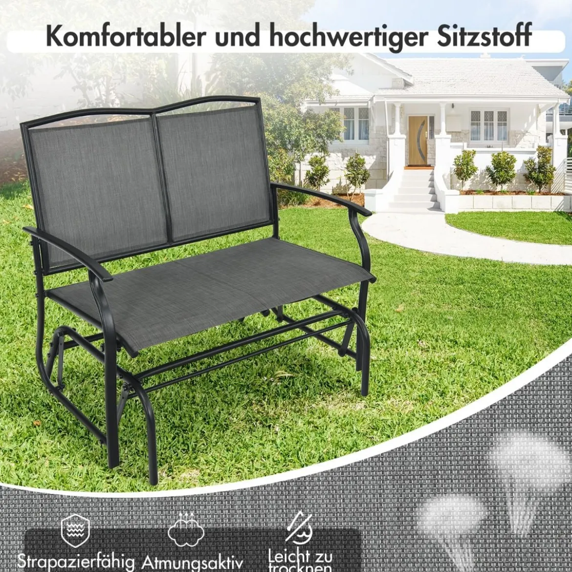 2-Sitzer Gartenbank mit Schaukelmechanismus & robustem Metallrahmen & atmungsaktivem Sitzstoff Grau