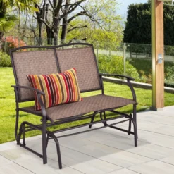 2-Sitzer Gartenbank mit Schaukelmechanismus & robustem Metallrahmen & atmungsaktivem Sitzstoff Braun
