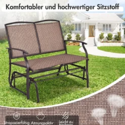 2-Sitzer Gartenbank mit Schaukelmechanismus & robustem Metallrahmen & atmungsaktivem Sitzstoff Braun