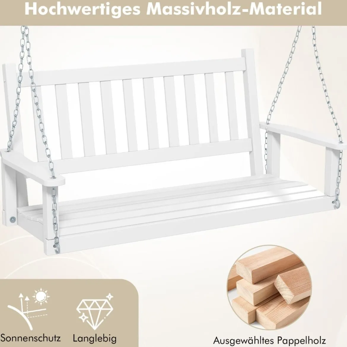 3-Sitzer Hängebank aus Massivholz Hollywoodschaukel bis 360 kg Belastbar Weiß