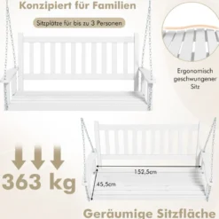 3-Sitzer Hängebank aus Massivholz Hollywoodschaukel bis 360 kg Belastbar Weiß
