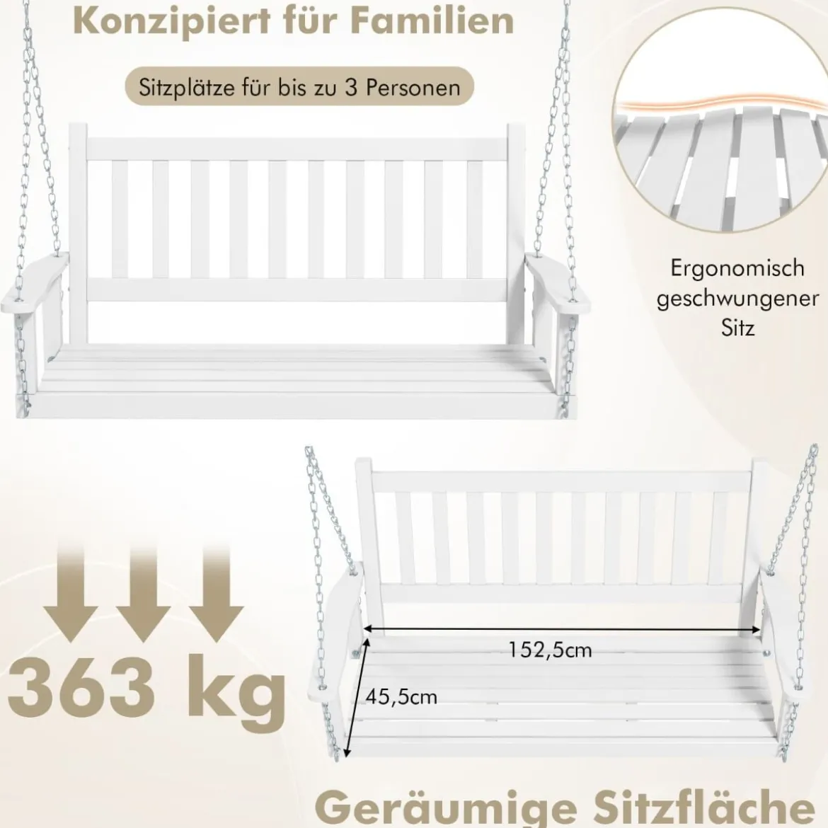 3-Sitzer Hängebank aus Massivholz Hollywoodschaukel bis 360 kg Belastbar Weiß