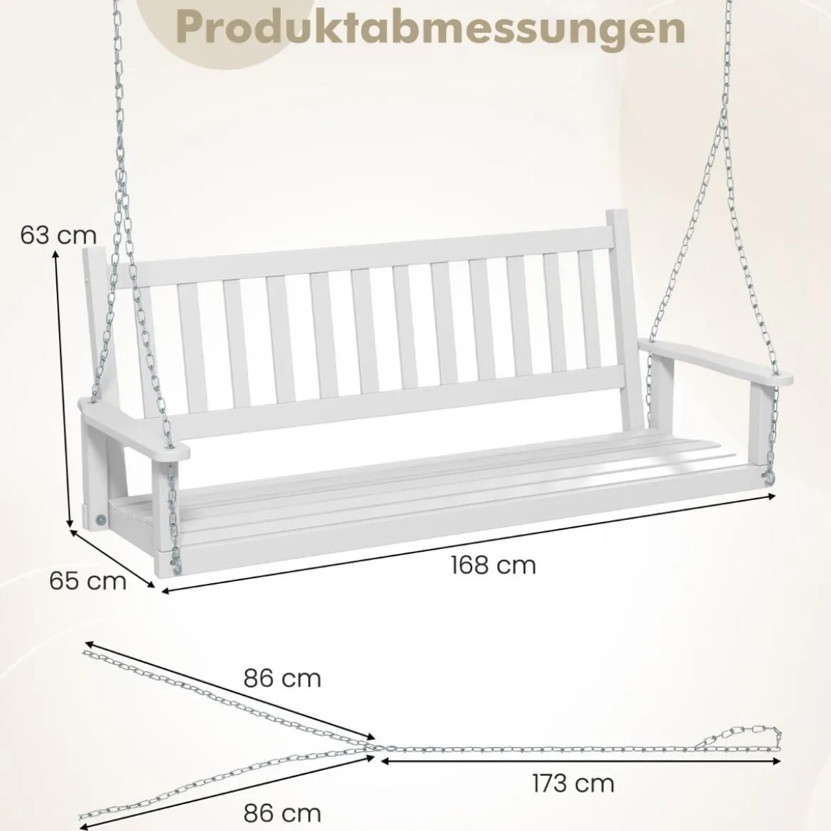 3-Sitzer Hängebank aus Massivholz Hollywoodschaukel bis 360 kg Belastbar Weiß
