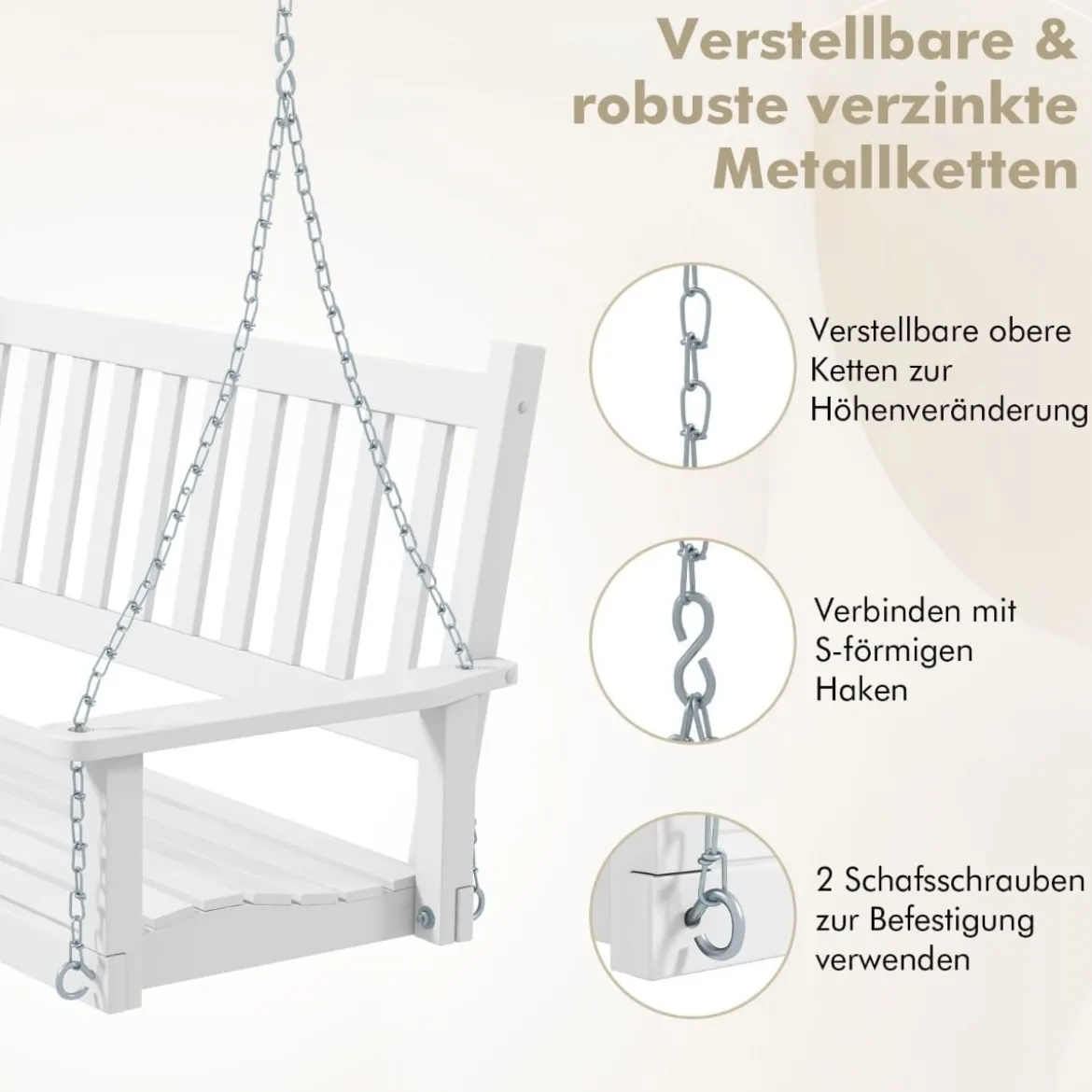 3-Sitzer Hängebank aus Massivholz Hollywoodschaukel bis 360 kg Belastbar Weiß