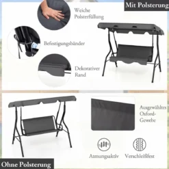3-Sitzer Hollywoodschaukel mit verstellbarem Dach Gartenschaukel Schaukelbank für Garten