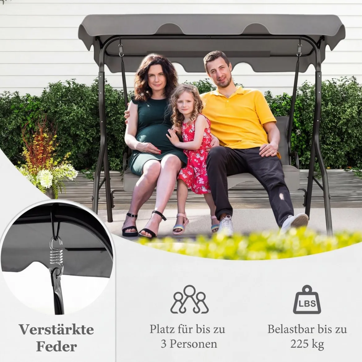 3-Sitzer Hollywoodschaukel mit verstellbarem Dach Gartenschaukel Schaukelbank für Garten