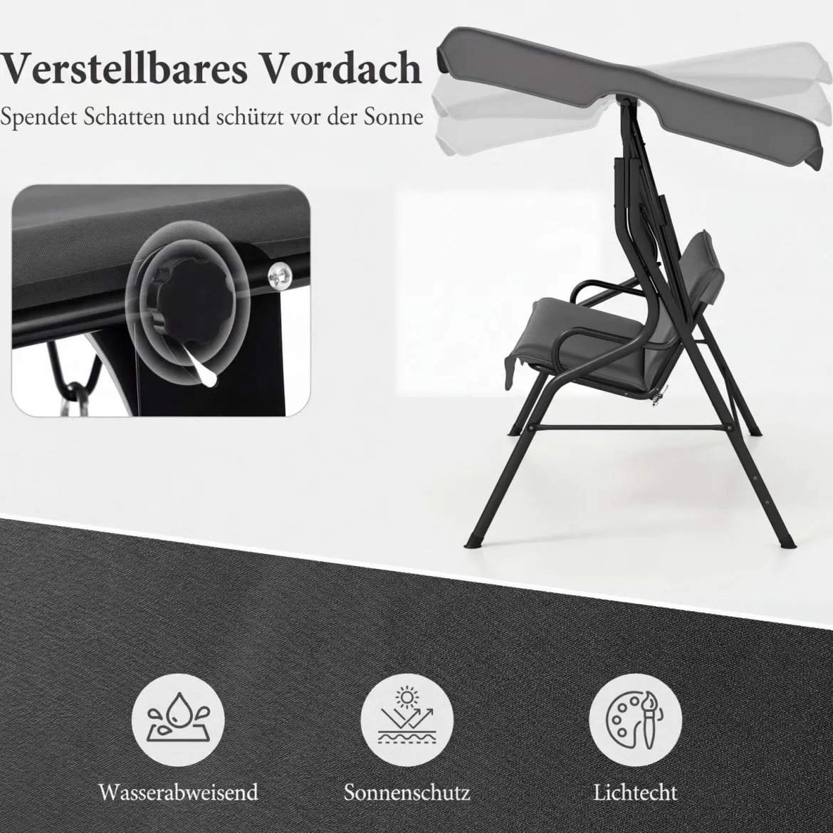 3-Sitzer Hollywoodschaukel mit verstellbarem Dach Gartenschaukel Schaukelbank für Garten