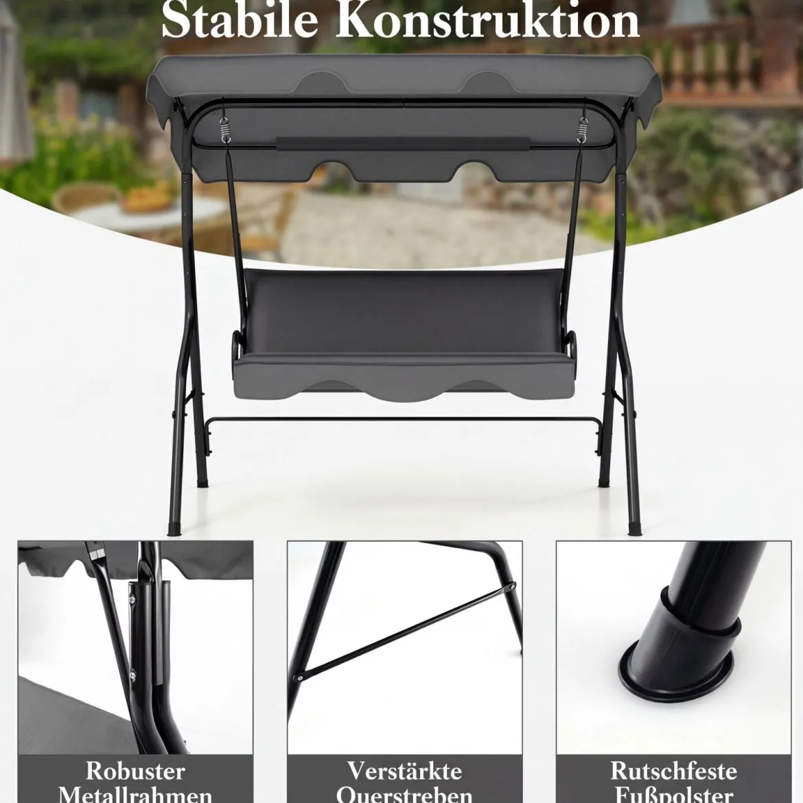 3-Sitzer Hollywoodschaukel mit verstellbarem Dach Gartenschaukel Schaukelbank für Garten