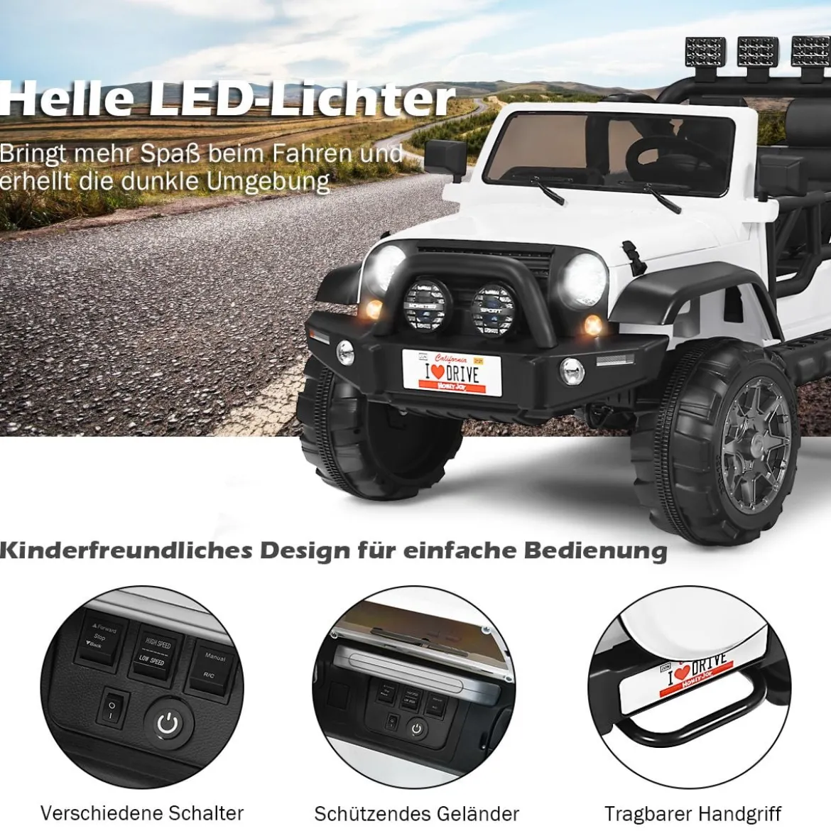 2 Sitzer Kinderauto mit Fernbedienung 3 Gang Elektroauto 123 x 80 x 80 cm Weiß