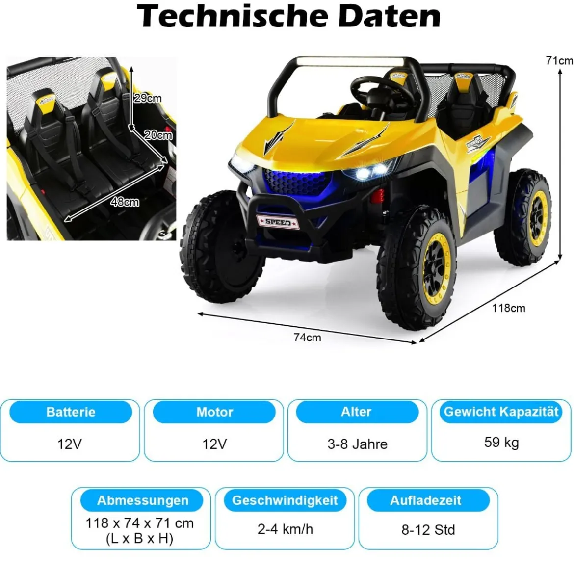 2 Sitzer Kinderauto mit 2,4G Fernbedienung 12V Kinder UTV mit Musik und Scheinwerfer 118 x 74 x 71 cm