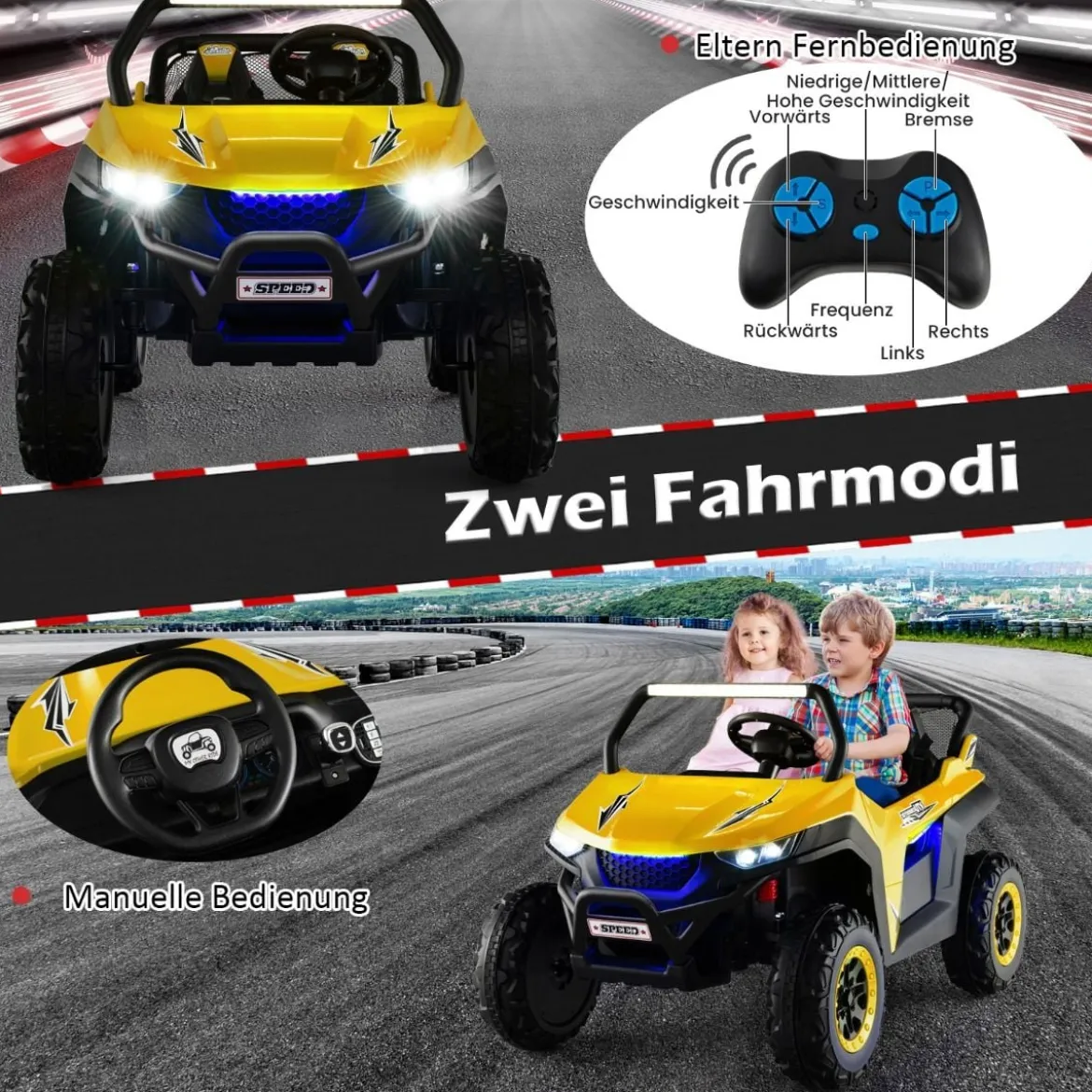 2 Sitzer Kinderauto mit 2,4G Fernbedienung 12V Kinder UTV mit Musik und Scheinwerfer 118 x 74 x 71 cm