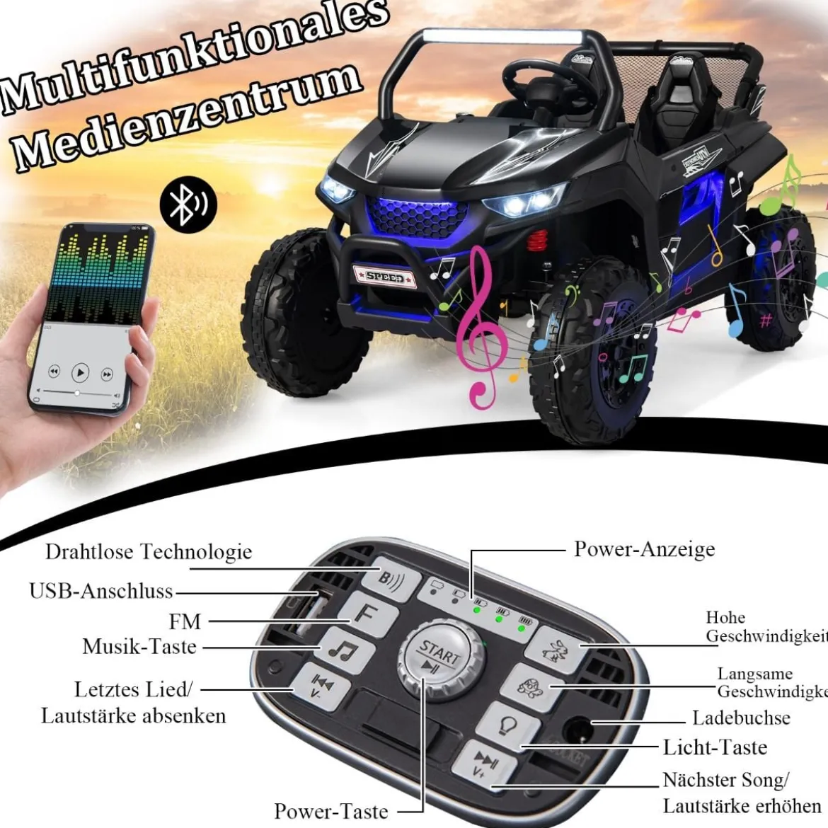 2 Sitzer Kinderauto mit 2,4G Fernbedienung 12V Kinder UTV mit Musik und Scheinwerfer 118 x 74 x 71 cm