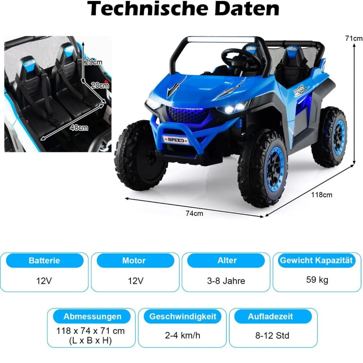 2 Sitzer Kinderauto mit 2,4G Fernbedienung 12V Kinder UTV mit Musik und Scheinwerfer 118 x 74 x 71 cm