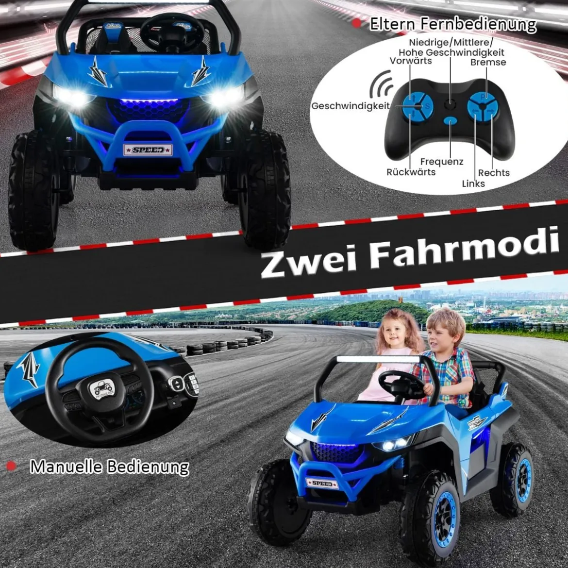 2 Sitzer Kinderauto mit 2,4G Fernbedienung 12V Kinder UTV mit Musik und Scheinwerfer 118 x 74 x 71 cm