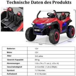 2 Sitzer Kinderauto mit 2,4G Fernbedienung 12V Kinder UTV mit Musik und Scheinwerfer 118 x 74 x 71 cm