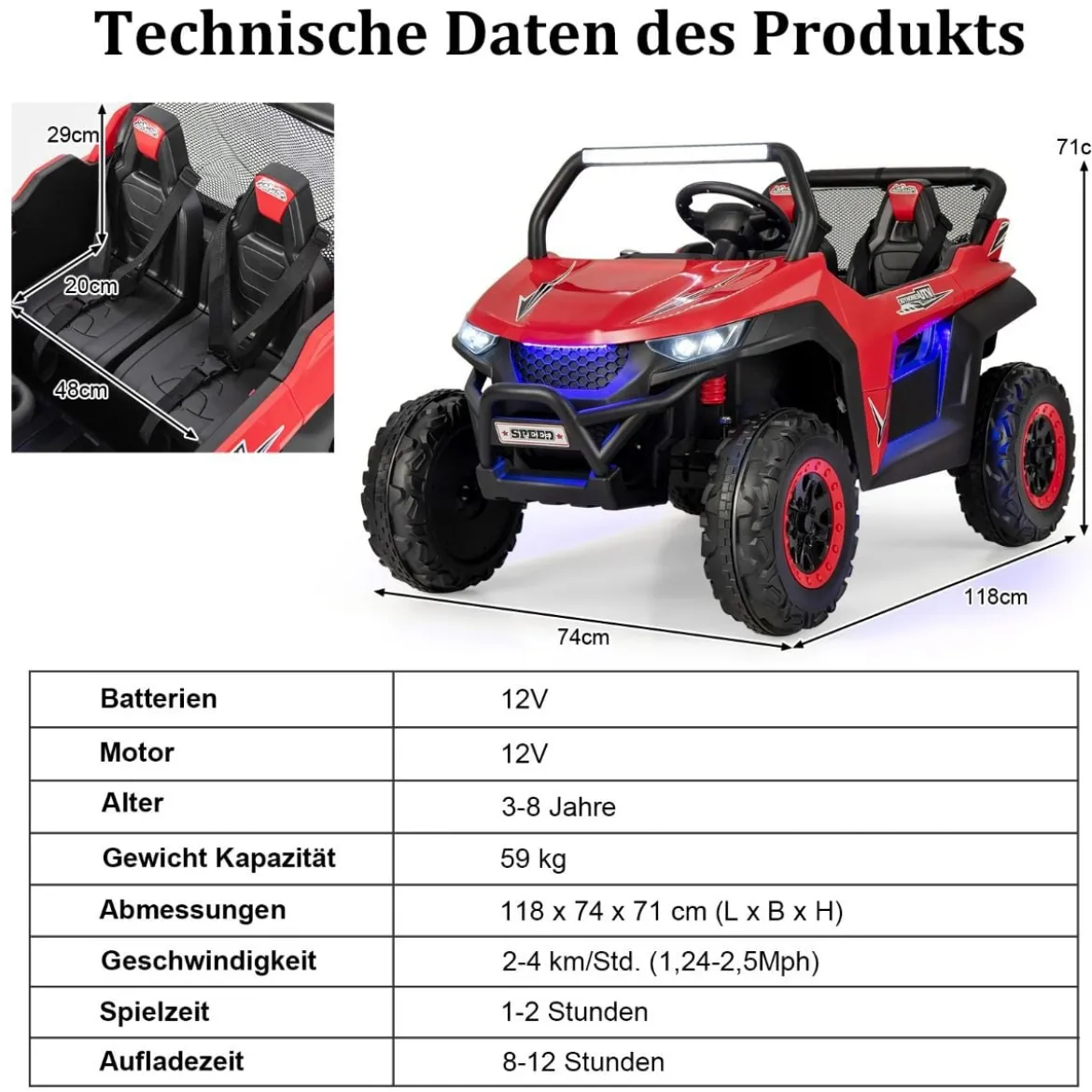 2 Sitzer Kinderauto mit 2,4G Fernbedienung 12V Kinder UTV mit Musik und Scheinwerfer 118 x 74 x 71 cm