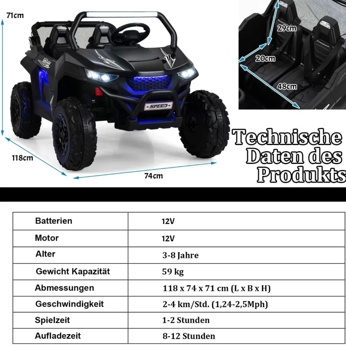 2 Sitzer Kinderauto mit 2,4G Fernbedienung 12V Kinder UTV mit Musik und Scheinwerfer 118 x 74 x 71 cm