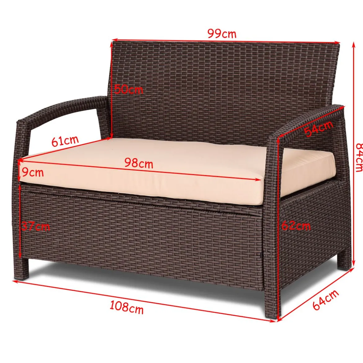 2-Sitzer Rattan Gartenbank Outdoor Lounge Sitzbank Braun 108 x 64 x 84 cm