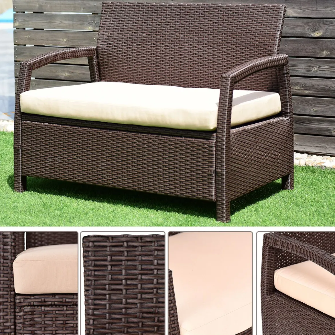 2-Sitzer Rattan Gartenbank Outdoor Lounge Sitzbank Braun 108 x 64 x 84 cm
