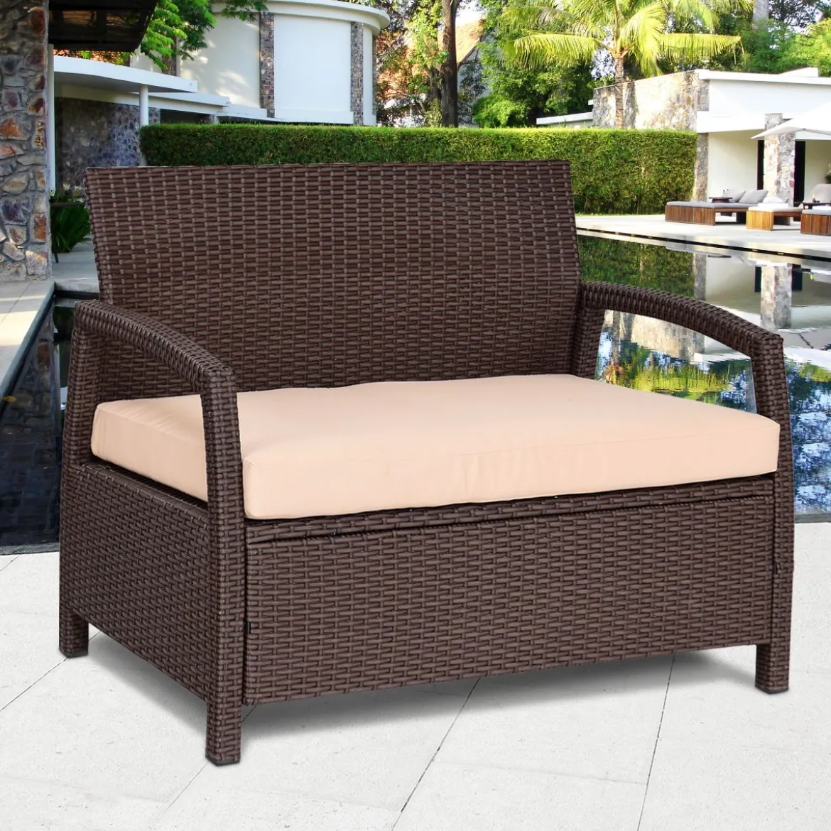 2-Sitzer Rattan Gartenbank Outdoor Lounge Sitzbank Braun 108 x 64 x 84 cm