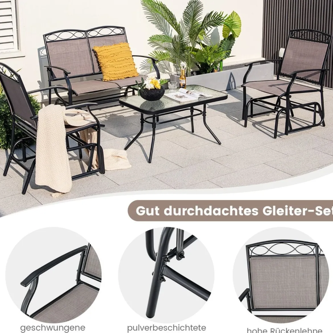 2-Sitzer Schaukelbank mit Couchtisch Balkonmöbel-Set Gartenbank aus Textilene