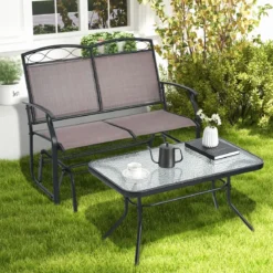 2-Sitzer Schaukelbank mit Couchtisch Balkonmöbel-Set Gartenbank aus Textilene