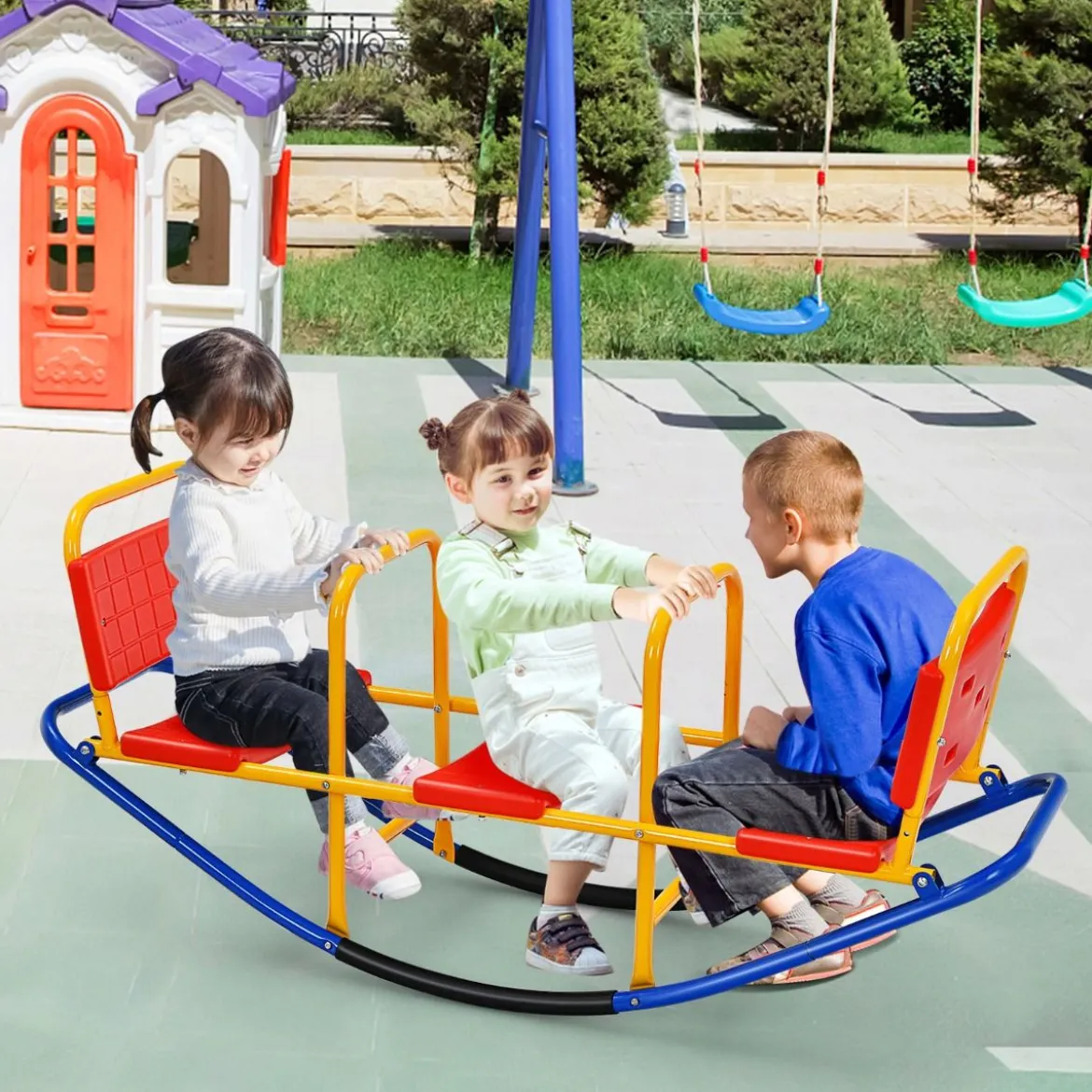 3 Sitzer Schaukelwippe Kinderwippe mit Griffen belastbar Kinderwippe Metall 136 x 39 x 60 cm Bunt