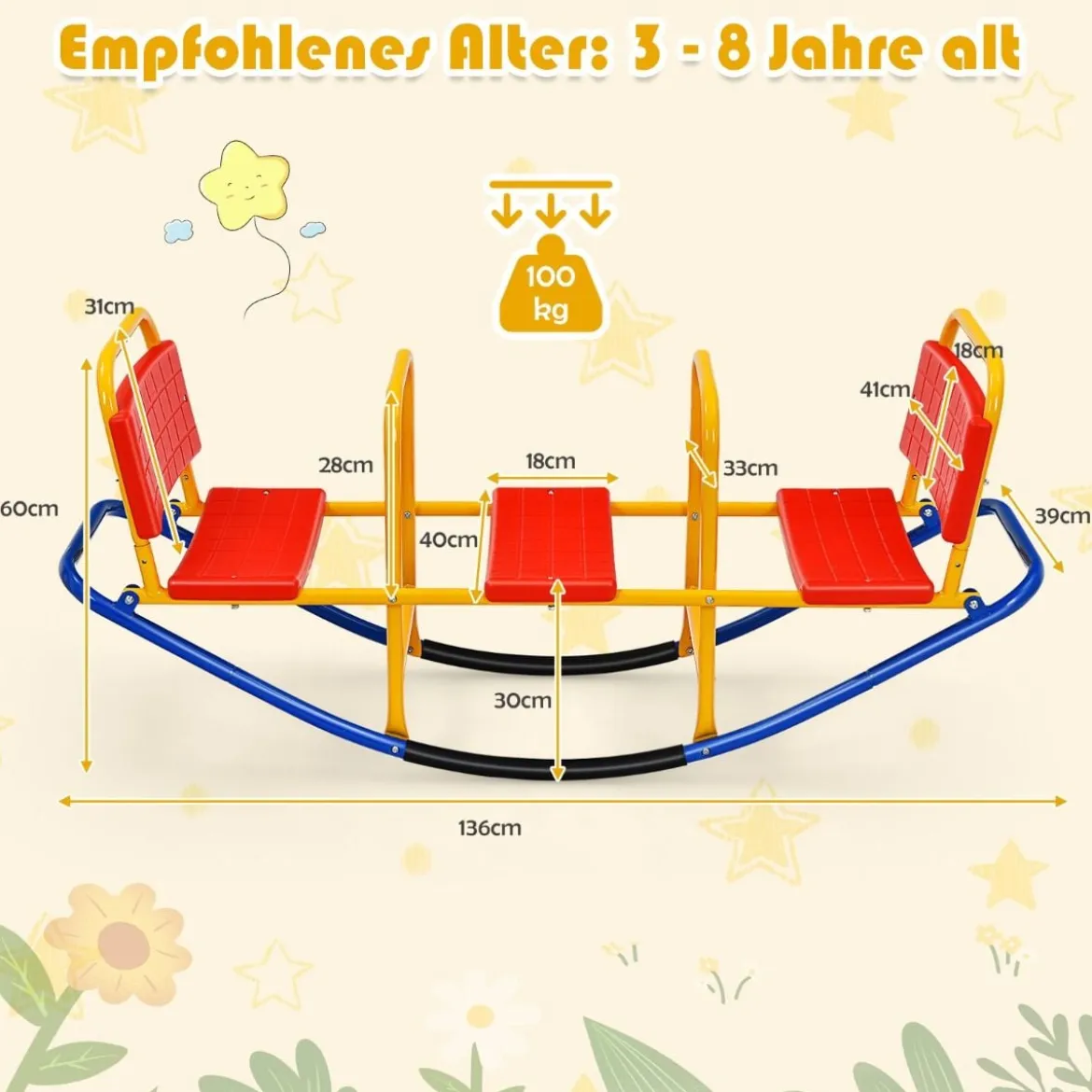 3 Sitzer Schaukelwippe Kinderwippe mit Griffen belastbar Kinderwippe Metall 136 x 39 x 60 cm Bunt