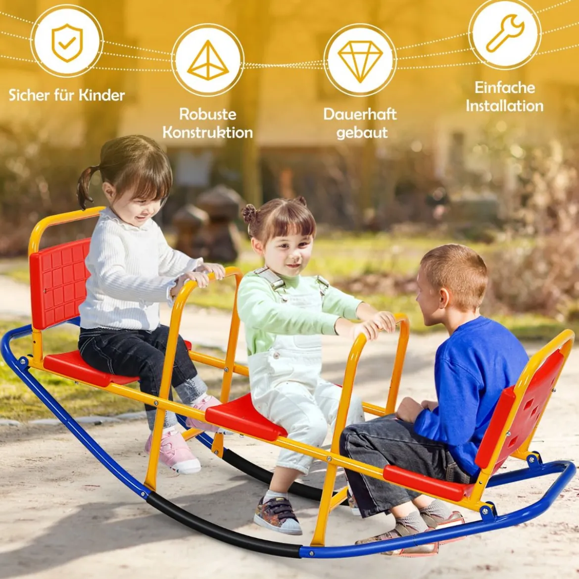 3 Sitzer Schaukelwippe Kinderwippe mit Griffen belastbar Kinderwippe Metall 136 x 39 x 60 cm Bunt