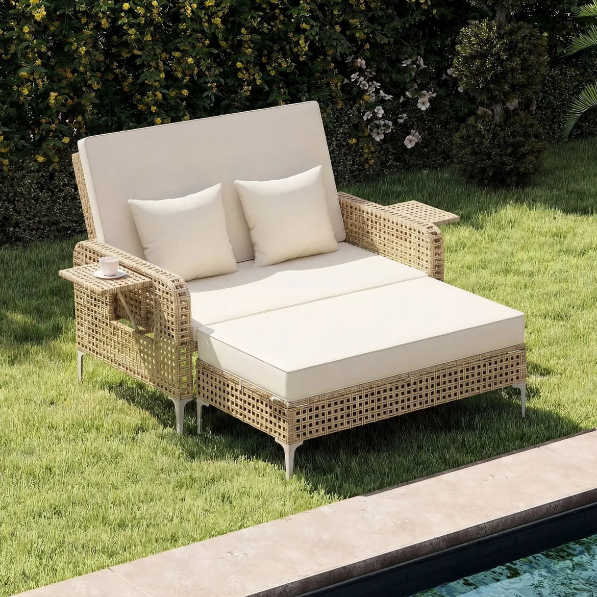 2-Sitzer-Schlafsofa Tagesbett mit Stauraum-Ottomane verstellbare Rückenlehne Beige