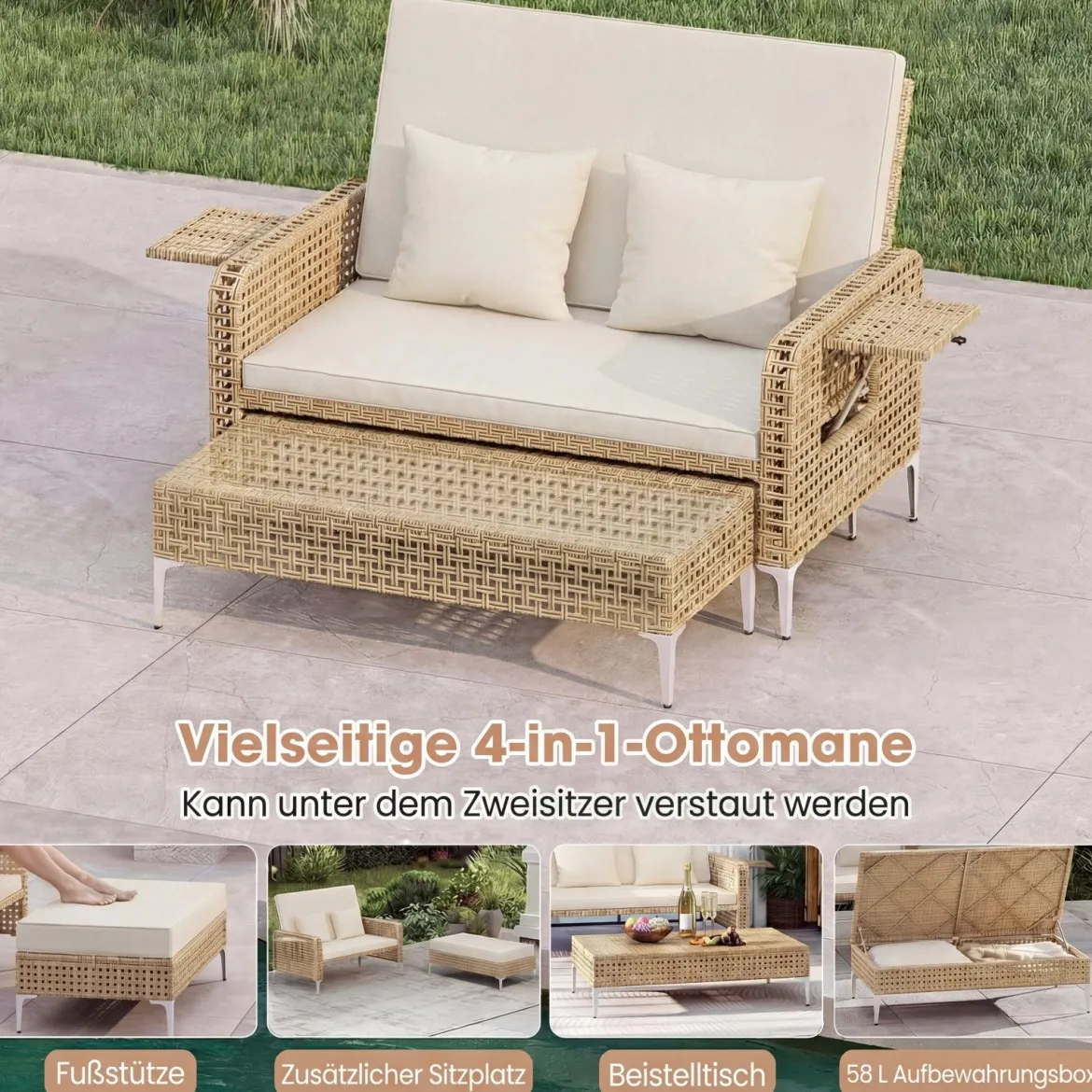 2-Sitzer-Schlafsofa Tagesbett mit Stauraum-Ottomane verstellbare Rückenlehne Beige