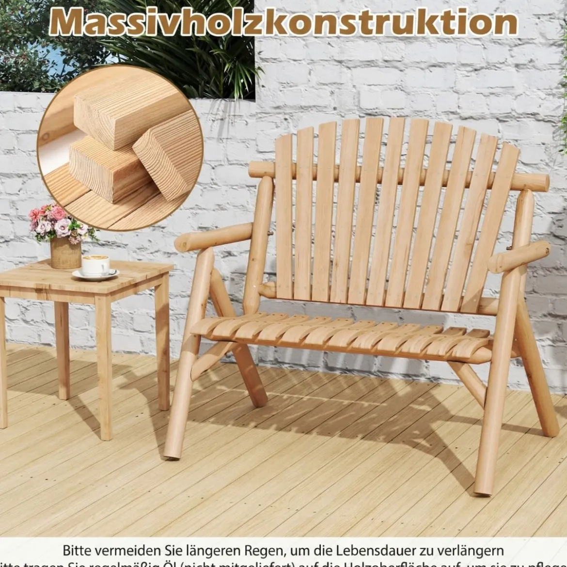 2-Sitzer Sitzbank mit Armlehnen Holz Gartenbank bis 300 kg Belastbar Balkonbank Natur