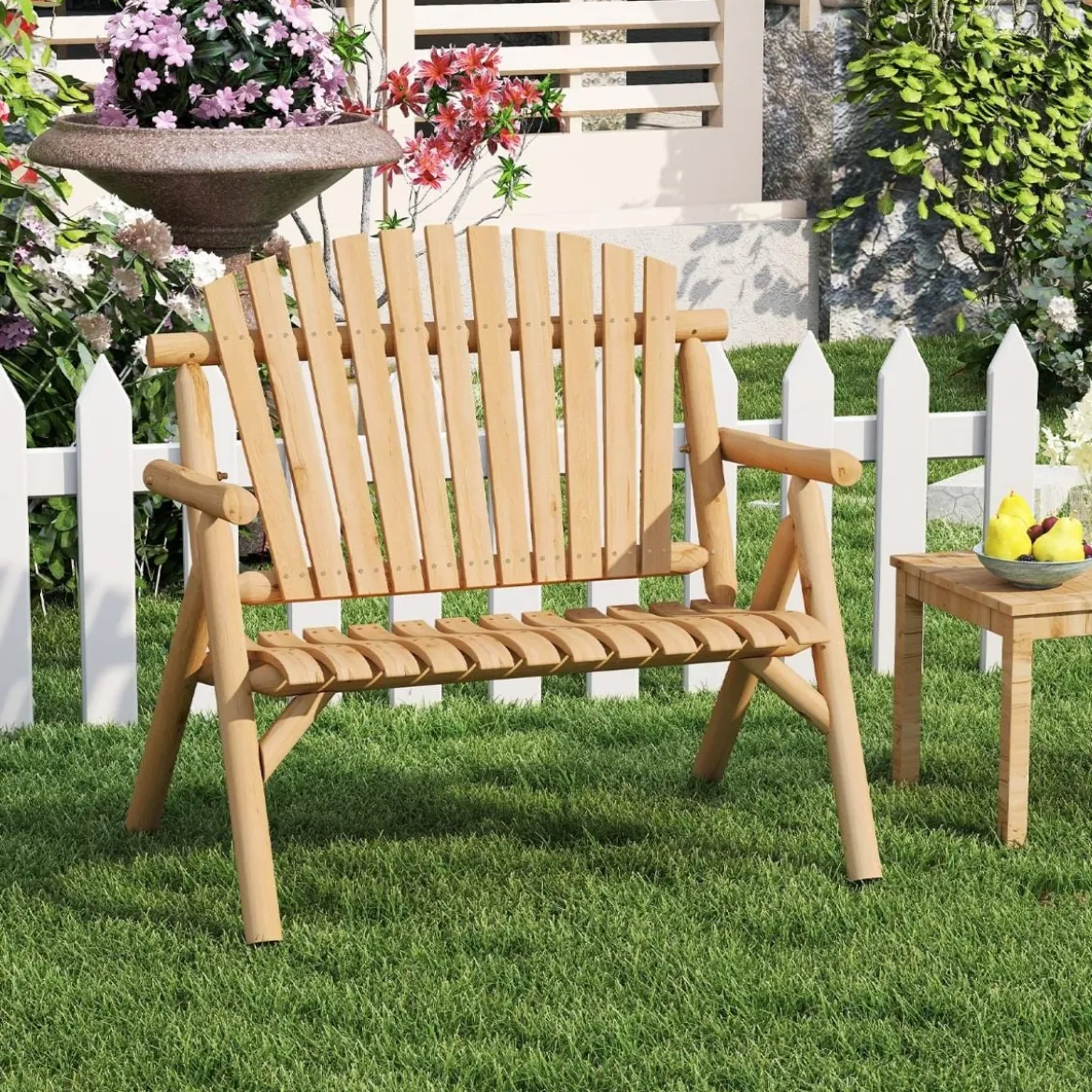 2-Sitzer Sitzbank mit Armlehnen Holz Gartenbank bis 300 kg Belastbar Balkonbank Natur