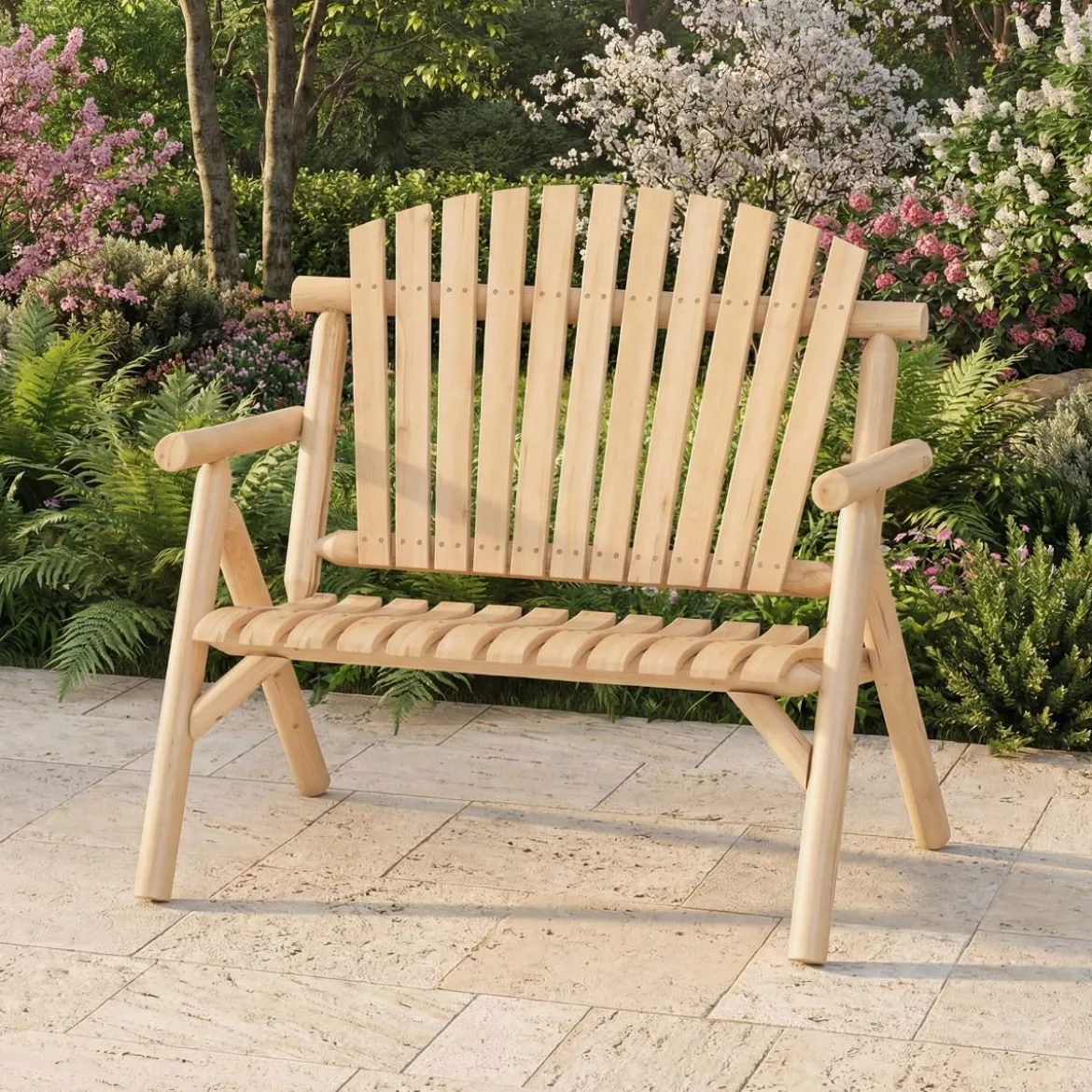2-Sitzer Sitzbank mit Armlehnen Holz Gartenbank bis 300 kg Belastbar Balkonbank Natur