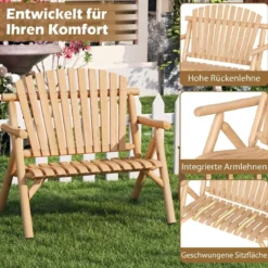 2-Sitzer Sitzbank mit Armlehnen Holz Gartenbank bis 300 kg Belastbar Balkonbank Natur