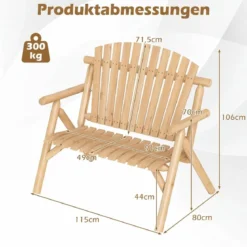 2-Sitzer Sitzbank mit Armlehnen Holz Gartenbank bis 300 kg Belastbar Balkonbank Natur