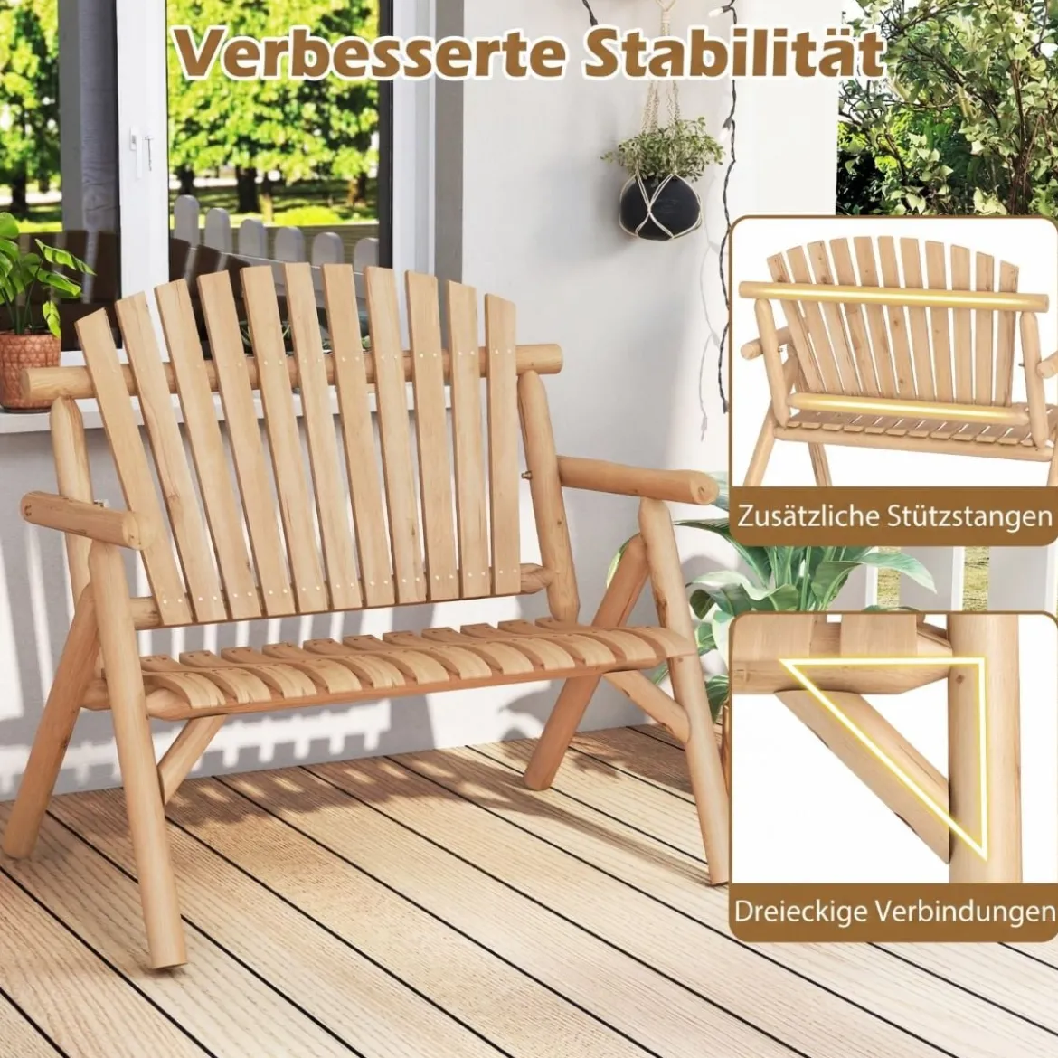 2-Sitzer Sitzbank mit Armlehnen Holz Gartenbank bis 300 kg Belastbar Balkonbank Natur
