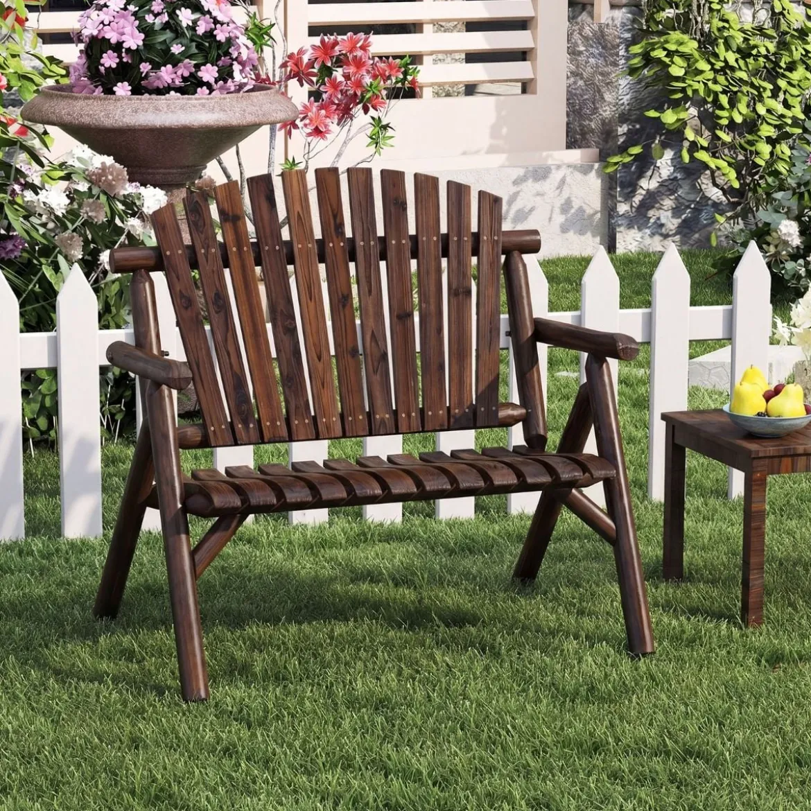 2-Sitzer Sitzbank mit Armlehnen Holz Gartenbank bis 300 kg Belastbar Balkonbank Braun