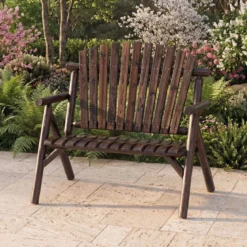 2-Sitzer Sitzbank mit Armlehnen Holz Gartenbank bis 300 kg Belastbar Balkonbank Braun